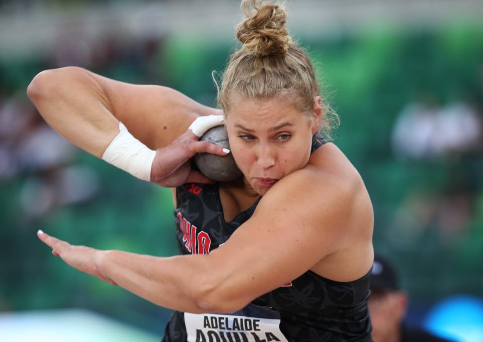 Ohio State's Adelaide Aquilla wins the women's shot put on her opening throw on day two of the NCAA Outdoor Track & Field Championships Thursday June 9, 2022 at Hayward Field in Eugene, Ore.