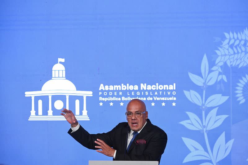 Venezuela's National Assembly President Jorge Rodriguez addresses the media in Caracas