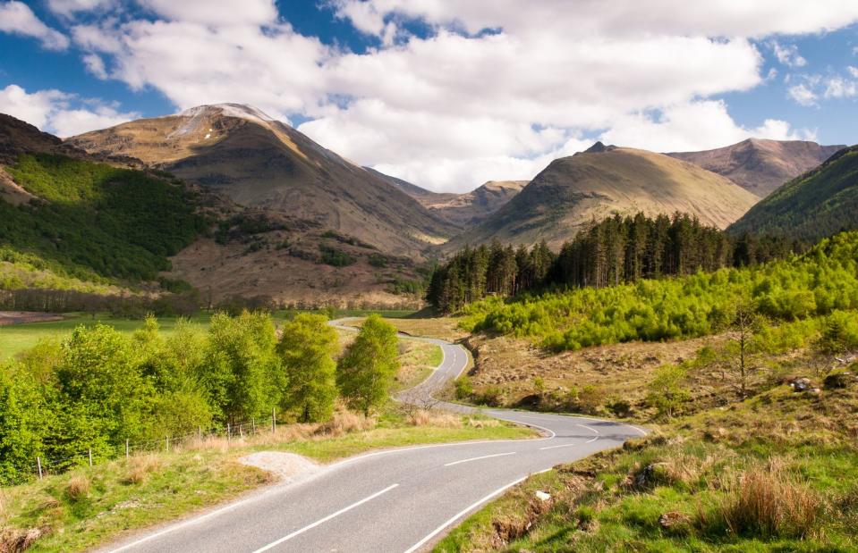 13) An empty road through the valley of Glen Nevis