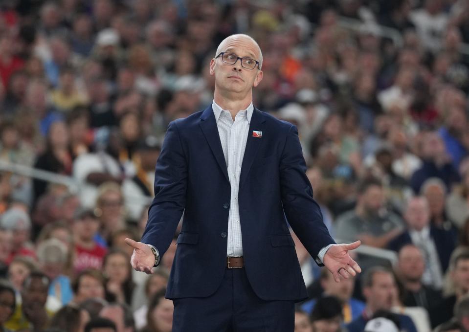 Connecticut coach Dan Hurley reacts after a play against Alabama during the Final Four of the 2024 NCAA men's tournament at State Farm Stadium.