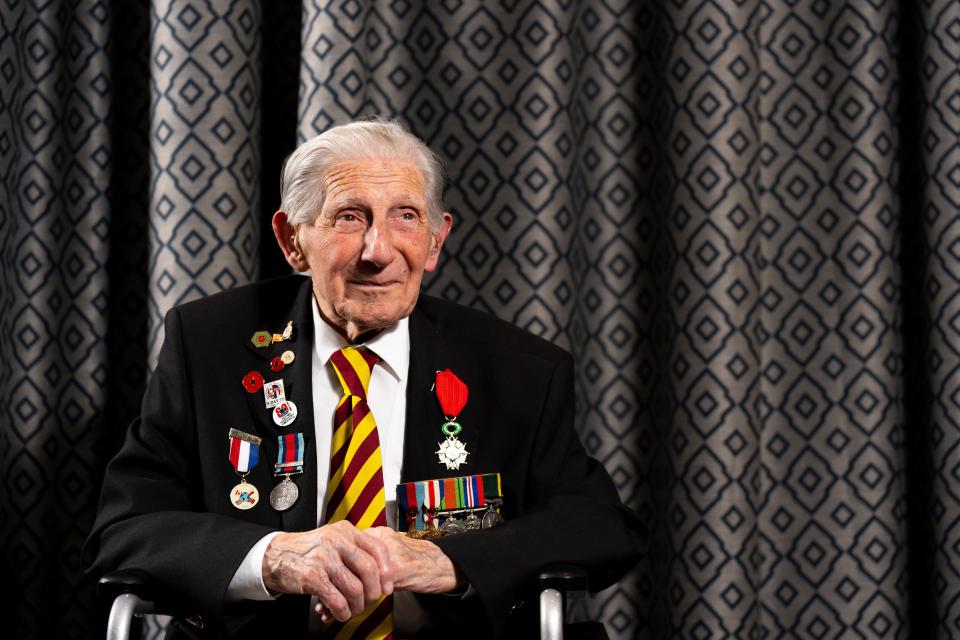 D-Day veteran Donald Howkins, 103, from London, who served as a gunner with the 90th Middlesex Regiment, who landed on Gold Beach in Northern France on D-Day on June 6 1944, pictured during an interview with PA Media at the Union Jack Club in London. Mr Howkins, a recipient of the Legion d'Honneur, has travelled to Normandy on previous occasions with the assistance of the Spirit of Normandy Trust and visited the British Normandy Memorial in 2022, but will not be making the journey this year for the 80th anniversary. Picture date: Friday April 26, 2024.