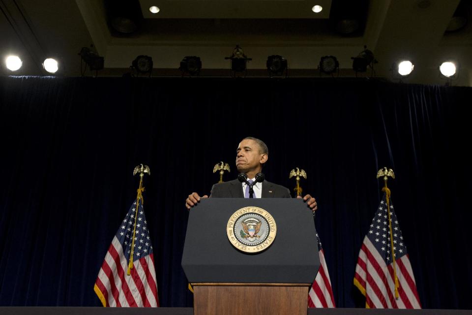 President Barack Obama pauses while speaking at the House Democratic Issues Conference in Cambridge, Md. Friday, Feb. 14, 2014. The president said top priorities for Congress should be increasing the minimum wage and reforming immigration. Obama told a House Democratic retreat Friday that the party needs to stand up for the American dream of getting ahead. (AP Photo/Jacquelyn Martin)