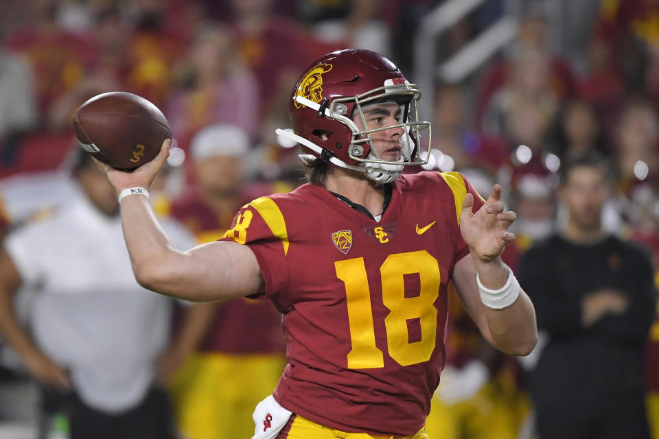 Southern California quarterback JT Daniels throws a pass during the first half of the team's NCAA college football game against Fresno State on Saturday, Aug. 31, 2019, in Los Angeles. (AP Photo/Mark J. Terrill)