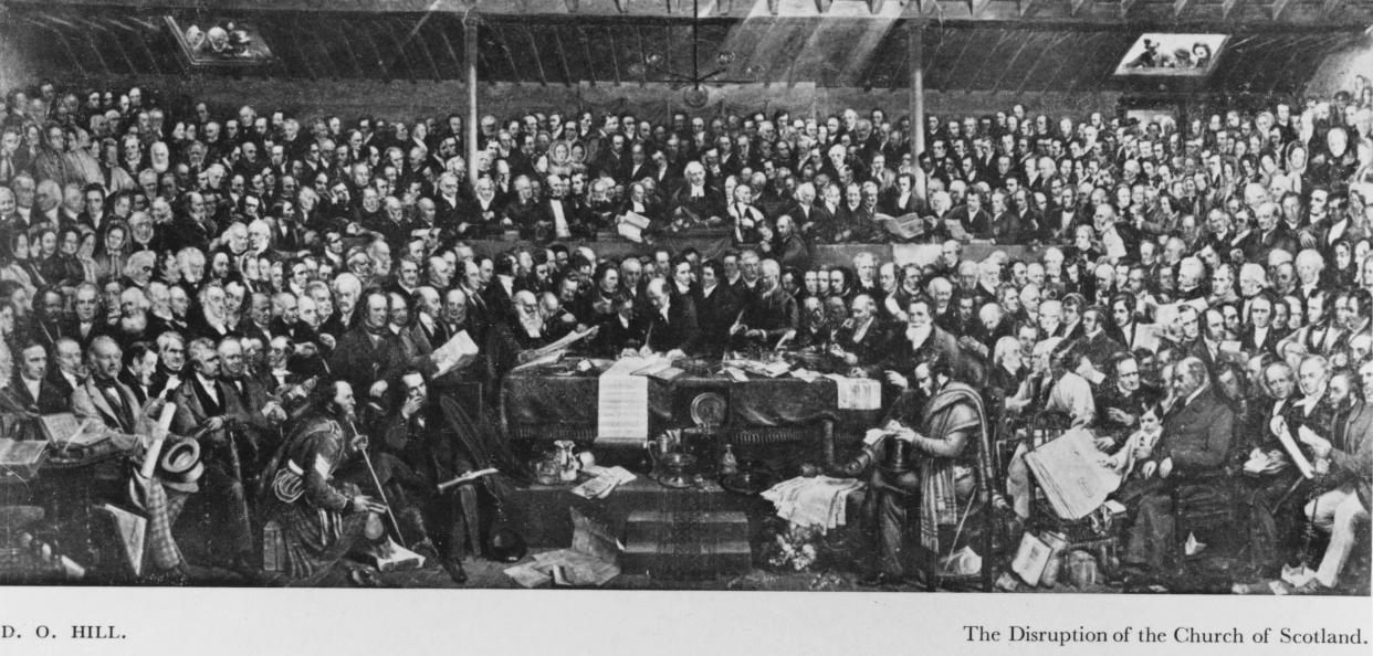 23rd May 1843:  'The Disruption of the Church of Scotland' by David Octavius Hill.  In May 1843, 474 ministers (out of 1200 practising) signed a Deed of Demission to create the Free Church after prolonged debates about the Church's liability to the operations of statute law and judgments of the courts. The painting, based on a photographic montage, depicts nearly 200 persons and is approximately five square yards in size.  (Photo by David Octavius Hill/Hulton Archive/Getty Images)