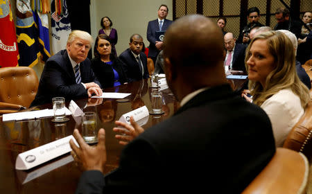 FILE PHOTO - U.S. President Donald Trump listens during a meeting about healthcare at the White House in Washington, U.S. on March 13, 2017. REUTERS/Kevin Lamarque/File Photo