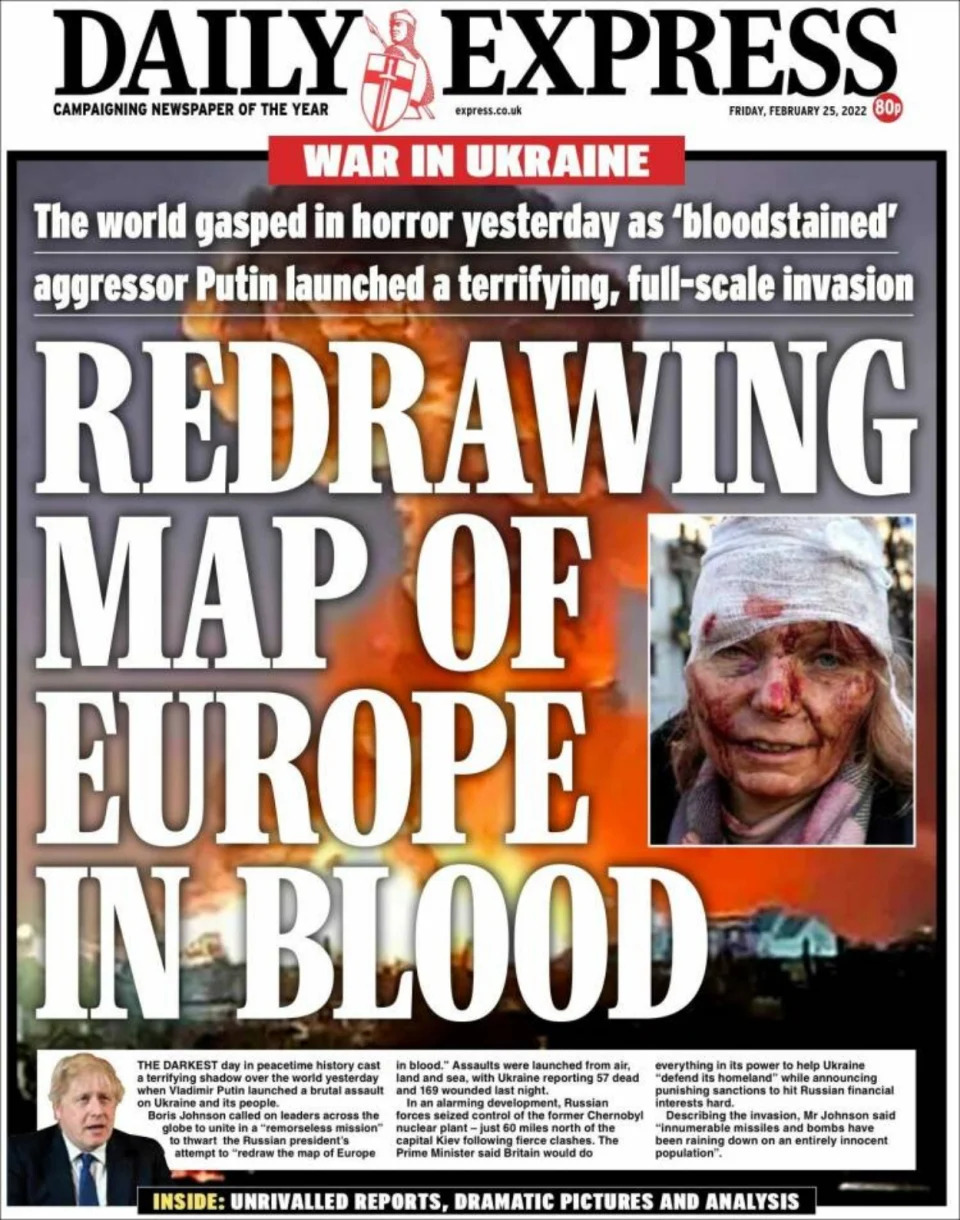 <p>Daily Express, por su parte, le ha dado más protagonismo a una imagen de Ucrania en llamas. Pero junto a su titular, "Redibujando el mapa de Europa en sangre", también podemos ver la instantánea que ya ilustra en Europa los bombardeos de Járkov. (Foto: <a href="https://www.express.co.uk/" rel="nofollow noopener" target="_blank" data-ylk="slk:Daily Express" class="link ">Daily Express</a>)</p> 