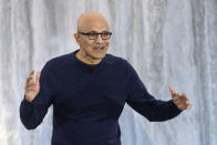 File - Microsoft CEO Satya Nadella speaks at the introduction of the integration of Microsoft Bing search engine and Edge browser with OpenAI on Feb. 7, 2023, in Redmond, Wash. Nadella marks his tenth year as Microsoft CEO on Sunday, Feb. 4, 2024, capping a decade of stunning growth as he pivoted the slow-moving software giant into a laser focus on cloud computing and artificial intelligence. (AP Photo/Stephen Brashear, File)