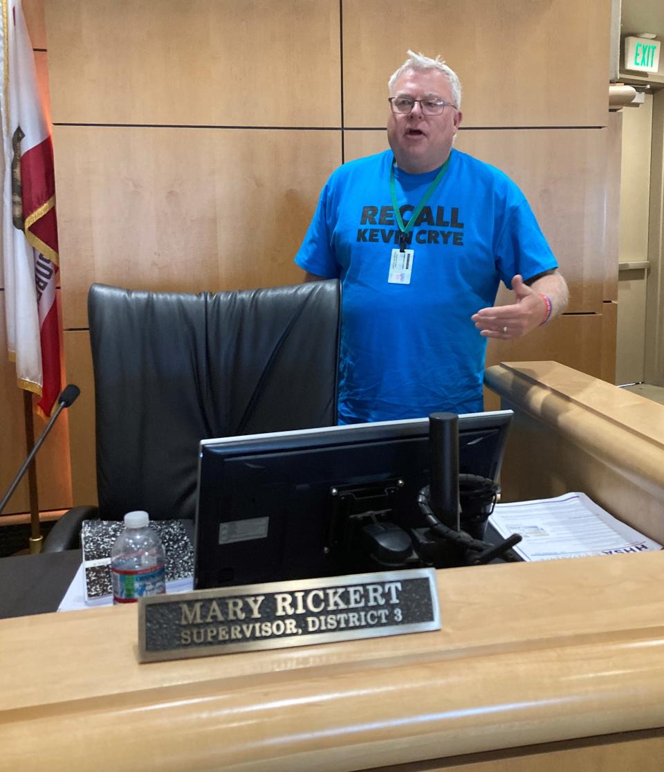 District 2 Supervisor Tim Garman wore a "Recall Kevin Crye" T-shirt to the Wednesday, June 7, 2023, Shasta County Board of Supervisors county budget hearing meeting.