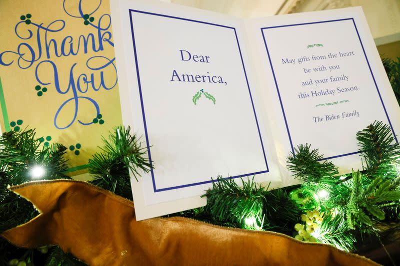 U.S. first lady Biden delivers remarks to volunteer holiday decorators at the White House in Washington