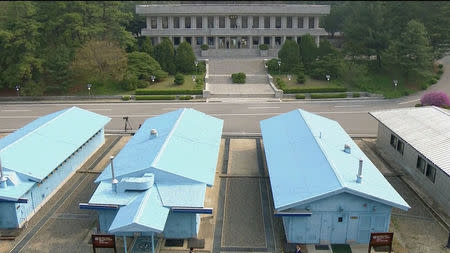 A view of the truce village of Panmunjom ahead of the inter-Korean summit, in this still frame taken from video, April 27, 2018. Host Broadcaster via REUTERS TV