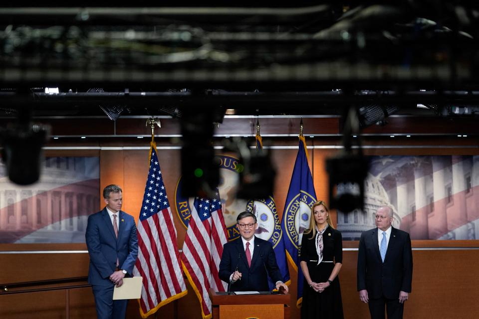 US Speaker of the House Mike Johnson, with Representatives (L-R) Blake Moore, Beth Van Duyne and Steve Scalise, speaks during a news conference after a closed-door House Republican caucus meeting on Capitol Hill in Washington, DC on February 29, 2024.