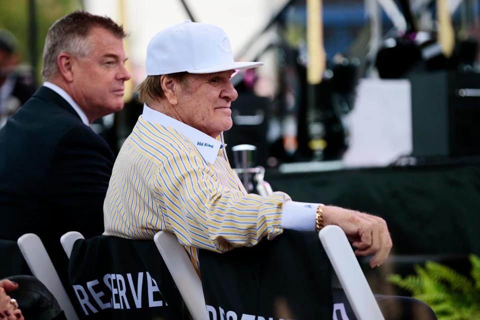 Former Cincinnati Red Pete Rose watches from the audience during the grand opening of the newly rebranded Hard Rock Casino in downtown Cincinnati on Friday, Oct. 29, 2021.