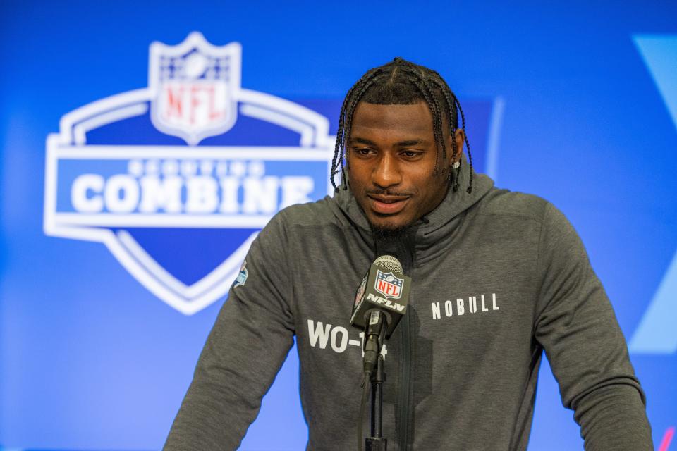 Mar 1, 2024; Indianapolis, IN, USA; South Carolina wide receiver Xavier Legette (WO14) talks to the media during the 2024 NFL Combine at Lucas Oil Stadium. Mandatory Credit: Trevor Ruszkowski-USA TODAY Sports