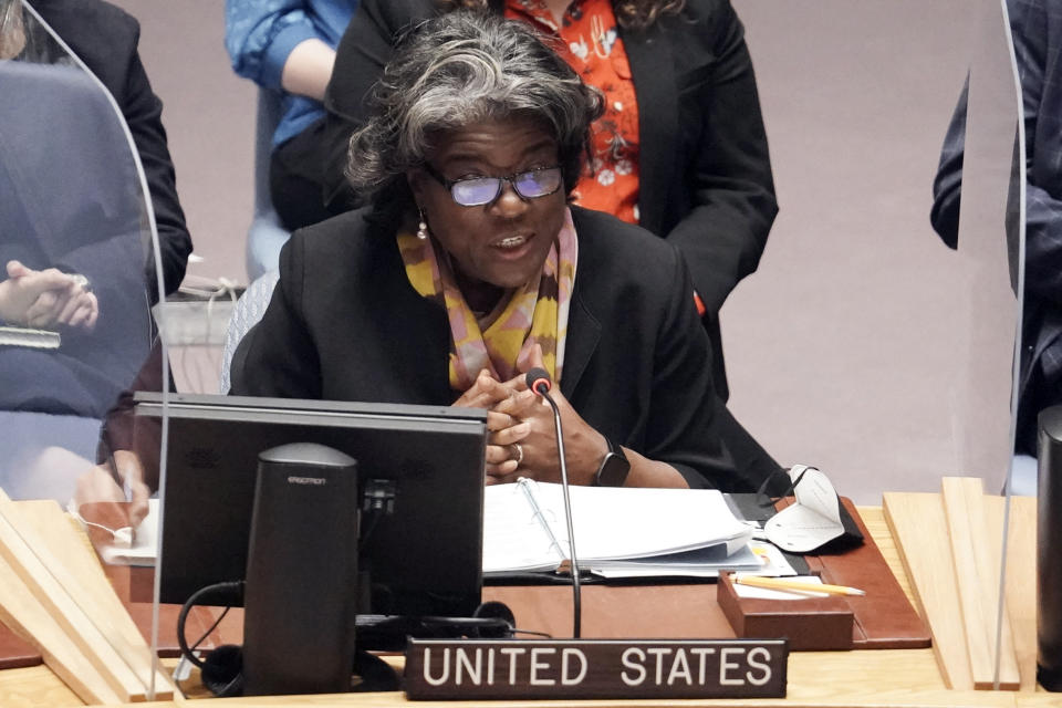 Linda Thomas-Greenfield, the U.S. ambassador to the United Nations, addresses the United Nations Security Council concerning North Korea's test-firing of an intercontinental ballistic missile, Friday March 25, 2022 at U.N. headquarters. (AP Photo/Bebeto Matthews)