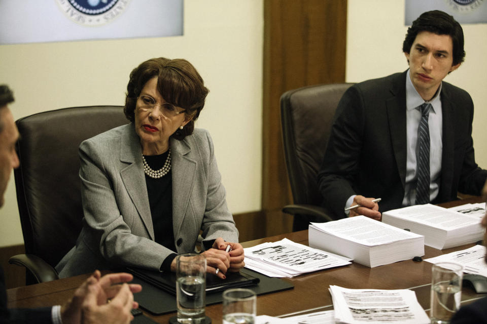This image released by Amazon Studios shows Annette Bening, left, and Adam Driver in a scene from "The Report." (Atsushi Nishijima/Amazon Studios via AP)