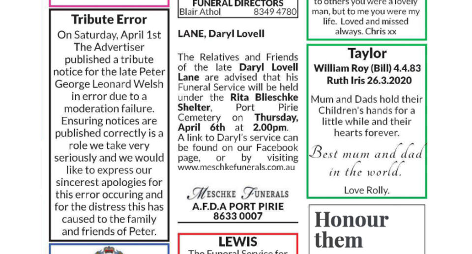 The tribute page of Tuesdays newspaper can be seen, with various death announcements and tributes, beside the 'Tribute Error' announcement from the publication.