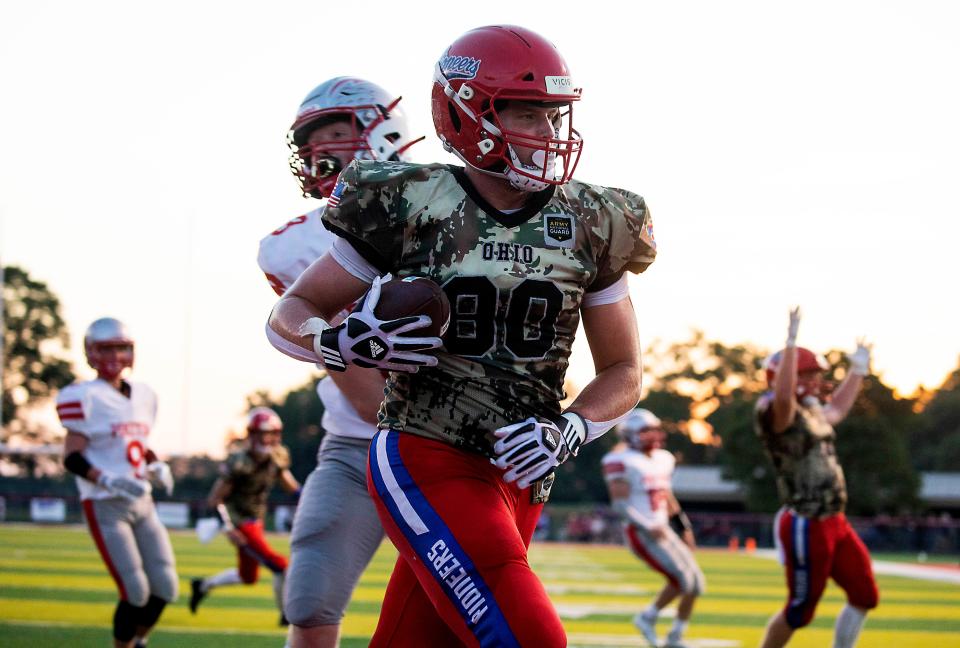 Zane Trace's Nalin Robinson (80) runs the ball in for a touchdown against Piketon in varsity football action at Zane Trace High School on Sept. 9, 2022 in Chillicothe, Ohio. Robinson was named to the first team offense in the Southeast District.