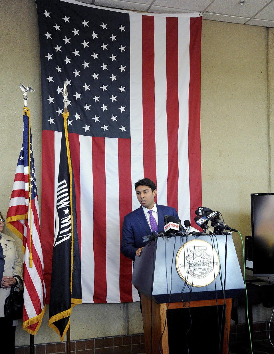 Mayor Jasiel Correia tells his side of the story about his indictment during a press conference Tuesday, Oct. 16, 2018, held at the Fall River Government Center in Fall River, Mass. (Dave Souza/The Herald News of Fall River via AP)