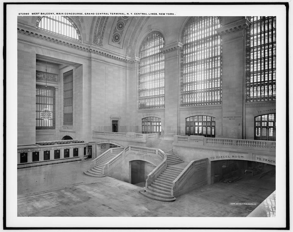 A view of the west balcony in Grand Central Station in New York in this photo taken between 1913-1930. It made its debut in the heyday of cross-country train travel, faced demolition in the era of the auto, and got a new lease on life with a facelift in its eighth decade. Now Grand Central Terminal, the doyenne of American train stations, is celebrating its 100th birthday. Opened on Feb. 2, 1913, when trains were a luxurious means of traveling across America, the iconic New York landmark with its Beaux-Arts facade is an architectural gem, and still one of America's greatest transportation hubs. (REUTERS/Courtesy of the Library of Congress/Handout)