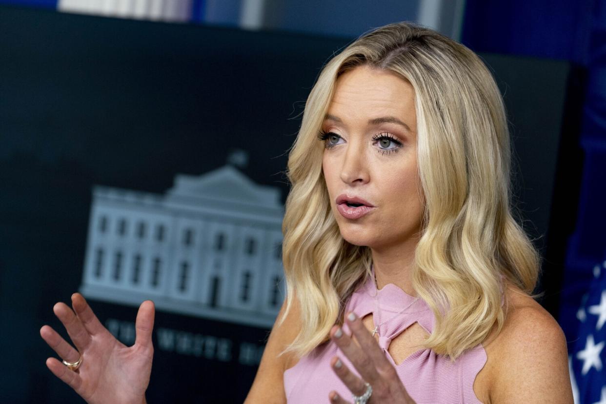 White House Press Secretary Kayleigh McEnany speaks during a news briefing at the White House.