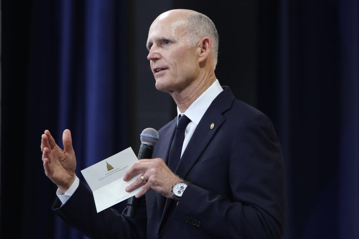 U.S. Sen. Rick Scott, R-FL, addresses a crowd at the Black Tie and Blue Jeans BBQ fundraiser on Oct. 12, 2023, at Legacy Park in Alachua, Florida.
