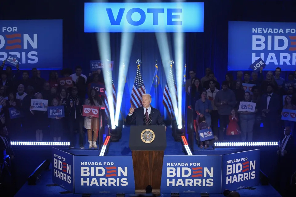 President Joe Biden speaks at a campaign event Sunday, Feb. 4, 2024, in North Las Vegas, Nev. (AP Photo/John Locher)