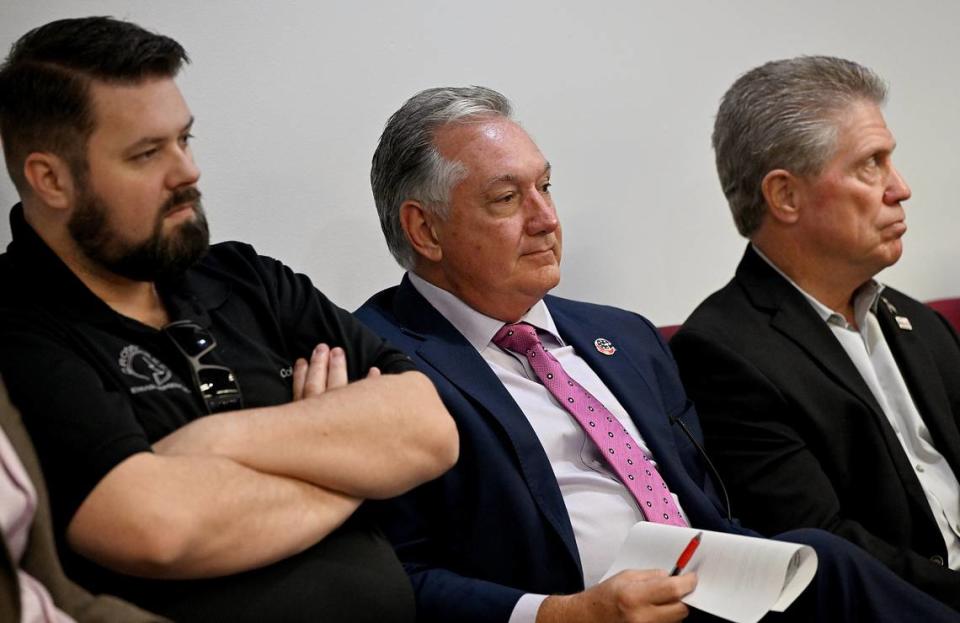 Jon Mast, center, sits in the audience during a meeting of the Board of County Commissioners on Thursday, Oct. 5, 2023. Mast, CEO of the Manatee-Sarasota Building Industry Association, reportedly attended a meeting between two board members that may have broken Florida’s Sunshine Law.