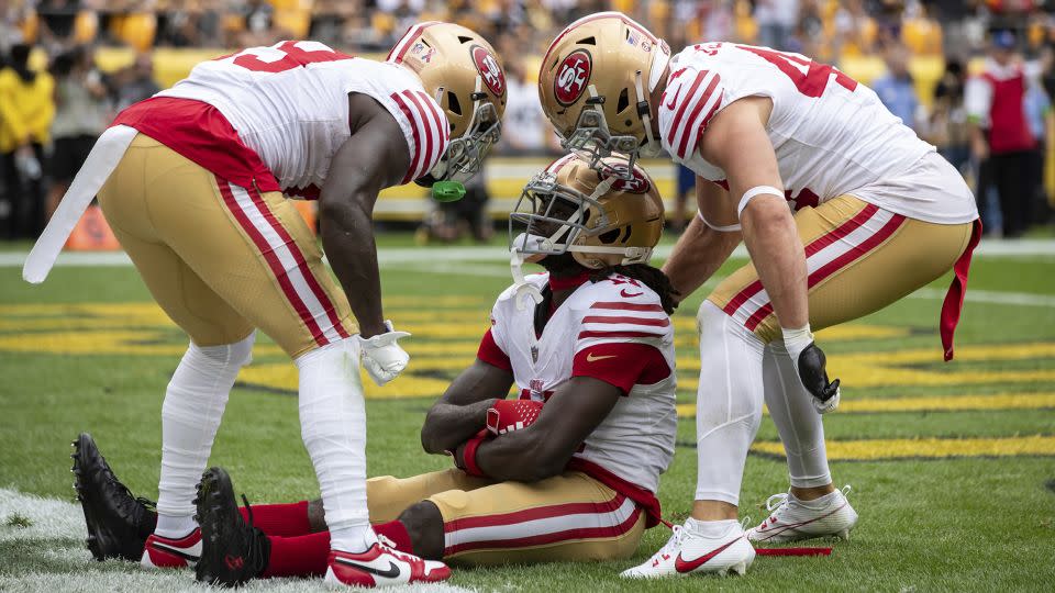 San Francisco 49ers wide receiver Brandon Aiyuk celebrates reacts after catching a touchdown pass against the Pittsburgh Steelers. - Matt Durisko/AP