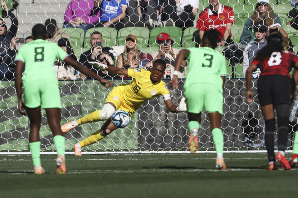 Nigeria's goalkeeper Chiamaka Nnadozie saves a penalty from Canada's Christine Sinclair, not pictured, during the Women's World Cup Group B soccer match between Nigeria and Canada in Melbourne, Australia, Friday, July 21, 2023. (AP Photo/Hamish Blair)
