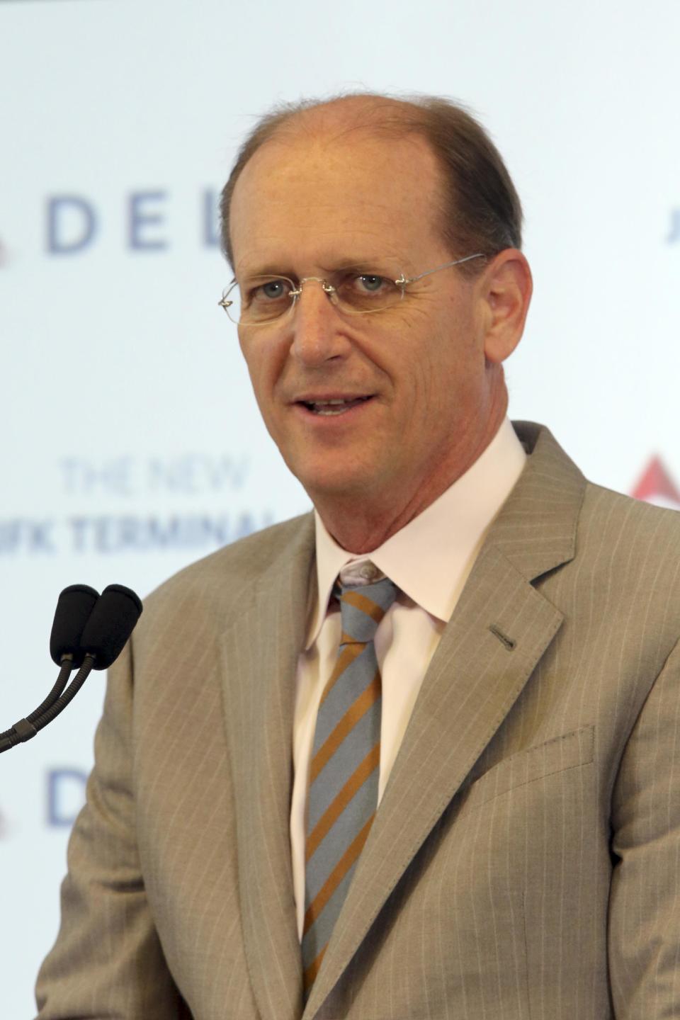 Delta airlines CEO Richard Anderson speaks during a news conference inside the new Delta terminal 4 at JFK airport, Friday, May 24, 2013 in New York. Delta opened its new $1.4 billion terminal, strengthening its hand in the battle for the lucrative New York travel market. The expanded concourse offers sweeping views of the airport, upscale food and shopping options and increased seating. It replaces a decrepit terminal built by Pan Am in 1960 that was an embarrassing way to welcome millions of visitors to the United States. (AP Photo/Mary Altaffer)