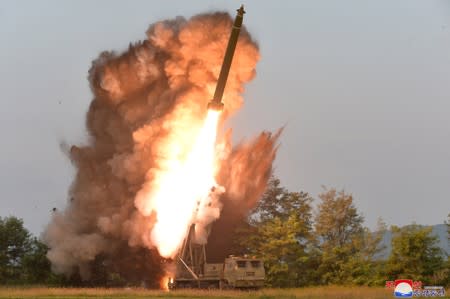 A view shows the testing of a super-large multiple rocket launcher in North Korea