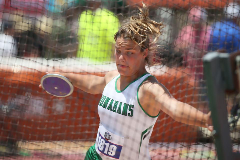 Valerie Hunt of Monahans won gold medals in the Class 4A shot put and discus on Thursday. She was adopted from Russia when she was 18 months old. The junior could be back at state again next year to defend her titles.