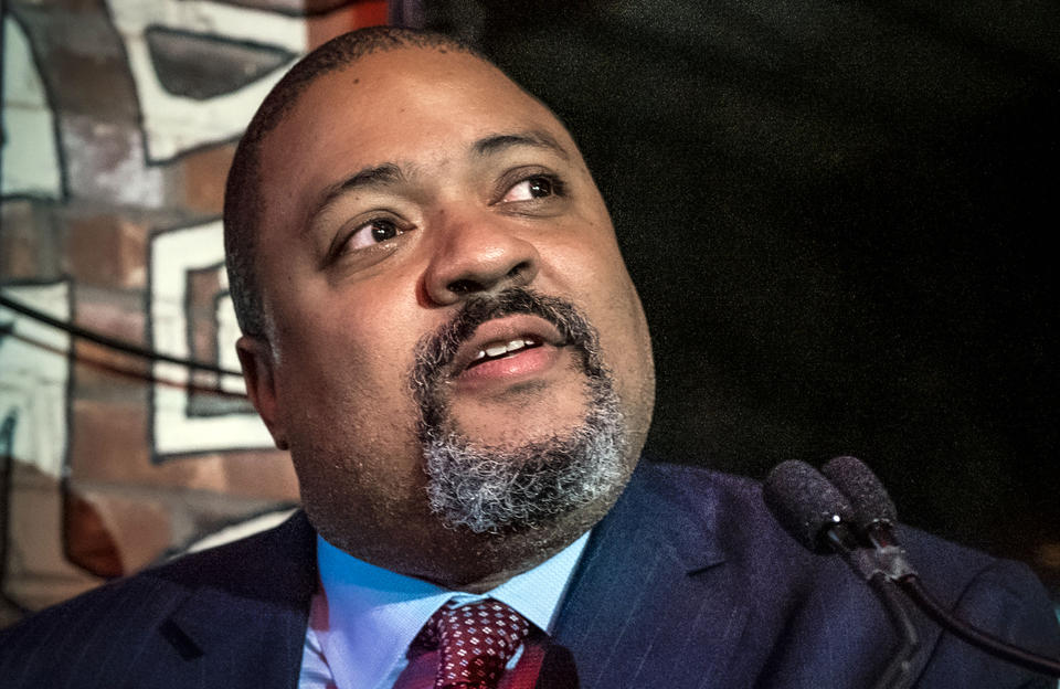 FILE - Alvin Bragg, now Manhattan District Attorney, speaks with supporters on election night, in New York, Nov. 2, 2021. Bragg has found himself under fire after instructing staff not to prosecute some low-level offenses, like prostitution and some instances of resisting arrest. (AP Photo/Craig Ruttle, File)