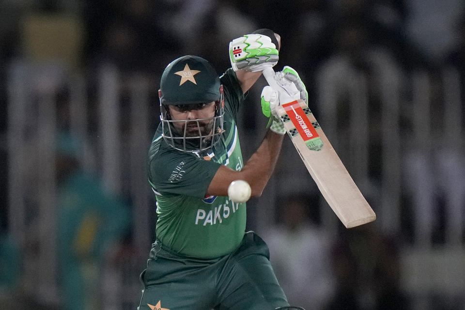 Pakistan's Babar Azam plays a shot during the first one-day international cricket match between Pakistan and New Zealand, in Rawalpindi, Pakistan, Thursday, April 27, 2023. (AP Photo/Anjum Naveed)