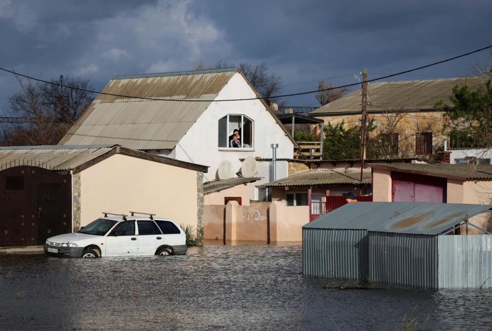 A storm-flooded street in Pribrezhe, Crimea, on Tuesday (Reuters)