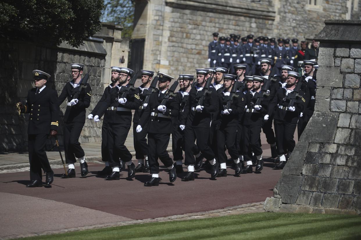Members of the Royal Navy at Windsor Castle, Windsor, England, Saturday April 17, 2021, during the funeral of Britain's Prince Philip.