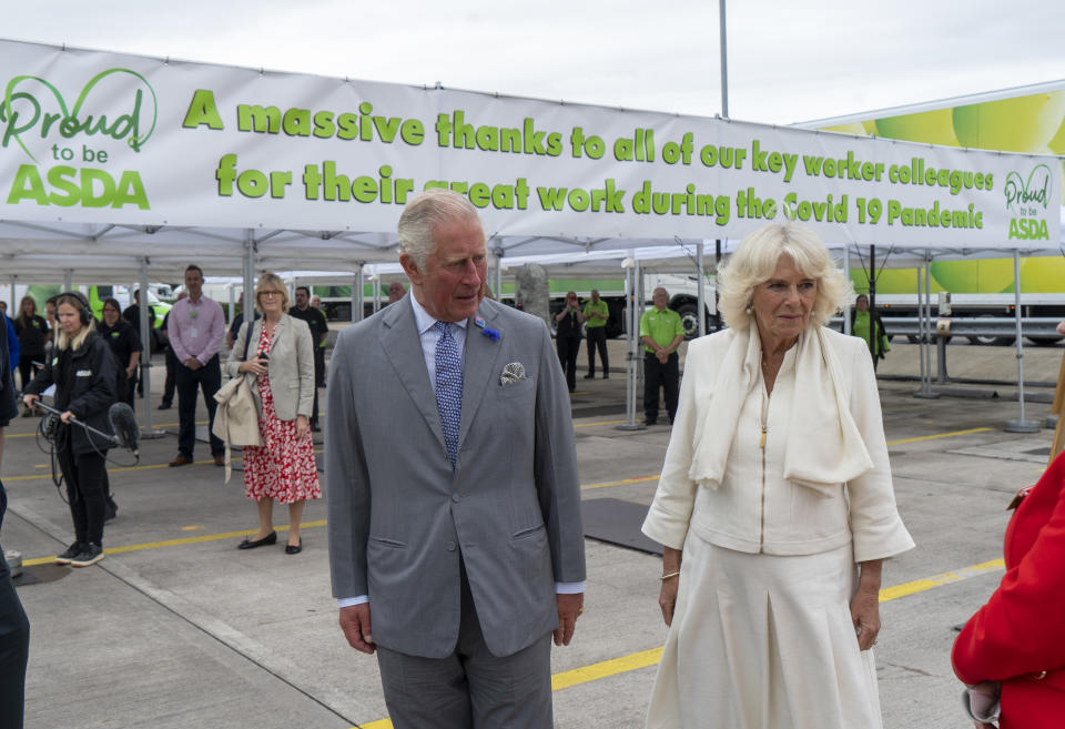 AVONMOUTH, ENGLAND - JULY 09: Prince Charles, Prince of Wales who is President of Business In The Community, and Camilla, Duchess of Cornwall visit an Asda distribution centre to thank staff who have kept the country's vital food supplies moving throughout the coronavirus pandemic on July 9, 2020 in Avonmouth, England. (Photo by Arthur Edwards - WPA Pool/Getty Images)