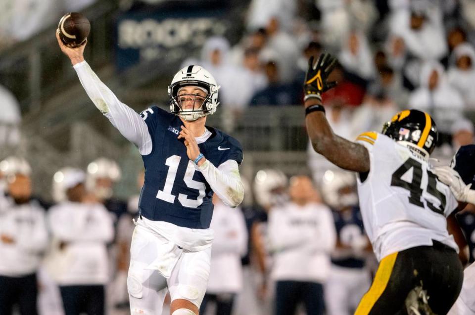 Penn State quarterback Drew Allar makes a pass during the game against Iowa on Saturday, Sept. 23, 2023.