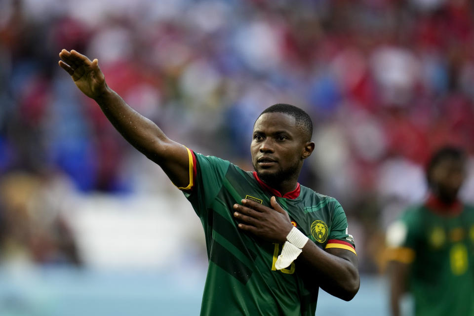 Cameroon's Collins Fai leaves the field at the end of the World Cup group G soccer match between Cameroon and Serbia, at the Al Janoub Stadium in Al Wakrah, Qatar, Monday, Nov. 28, 2022. (AP Photo/Manu Fernandez)