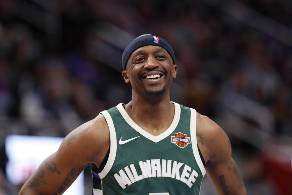 Milwaukee Bucks guard Jason Terry smiles against the Detroit Pistons in the second half of an NBA basketball game in Detroit, Wednesday, Feb. 28, 2018. (AP Photo/Paul Sancya)