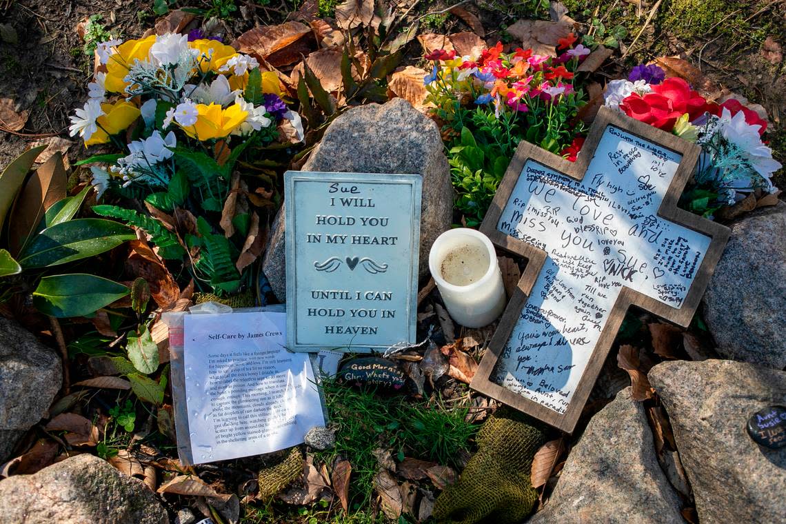 A memorial for Susan Karnatz along the Neuse River Greenway on Friday, January 13, 2023 in Raleigh, N.C., ninety days after Karnatz lost her life during the mass shooting in the Hedingham neighborhood.