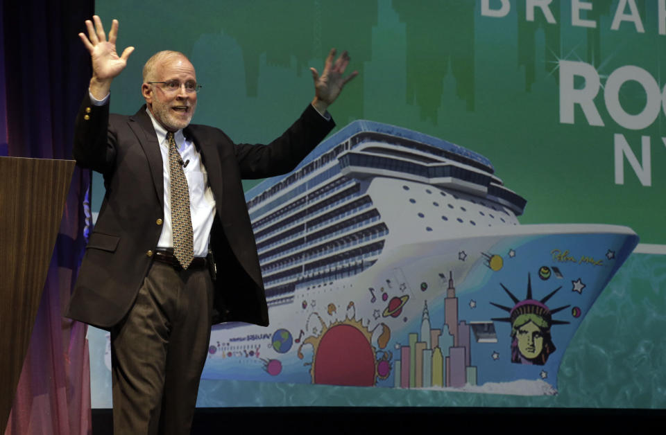 Norwegian Cruise Line CEO and President Kevin Sheehan talks during christening ceremonies for his new ship, Norwegian Breakaway, in New York, Wednesday, May 8, 2013. The ship is themed on New York City, with a colorful mural on the exterior hull design by pop artist Peter Max featuring the city skyline and the Statue of Liberty. (AP Photo/Richard Drew)