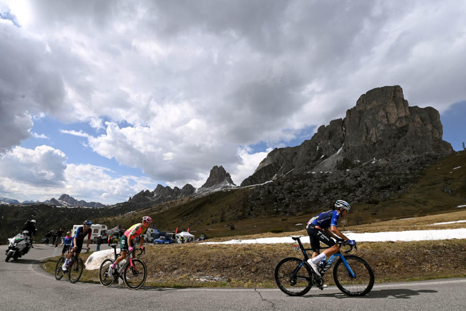 TRE CIME DI LAVAREDO ITALY  MAY 26 LR Derek Gee of Canada and Team Israel  Premier Tech Magnus Cort of Denmark and Team EF EducationEasyPost and Carlos Verona of Spain and Movistar Team compete in the breakaway at the Passo Giau 2236m during the 106th Giro dItalia 2023 Stage 19 a 183km stage from Longarone to Tre Cime di Lavaredo 2307m  UCIWT  on May 26 2023 in Tre Cime di Lavaredo Italy Photo by Tim de WaeleGetty Images