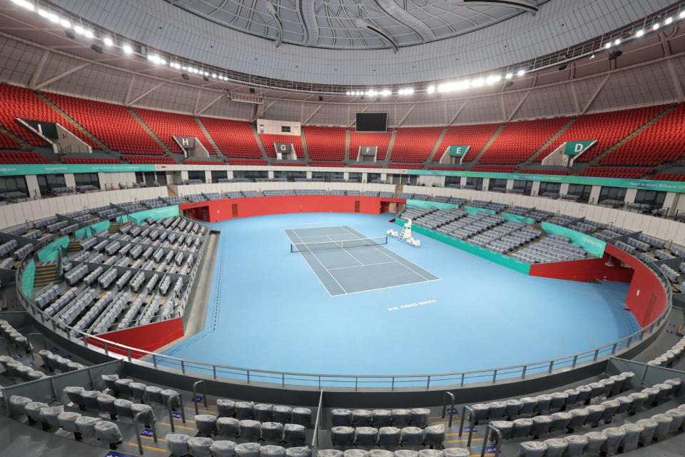 杭州亞運網球主球場，圖為屋頂關閉下。（中華奧會提供）