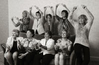 This April 6, 2012, photo provided by Charleston Tennis LLC shows the “Original 9” players re-enacting their pose when they signed $1 contracts to become pros in 1970, at the Family Circle tennis tournament in Charleston, S.C. From left standing are: Valerie Ziegenfuss, Billie Jean King, Nancy Richey and Peaches Bartkowicz. From left seated are: Judy Tegart Dalton, Kerry Melville Reid, Rosie Casals, Julie Heldman and Kristy Pigeon. It’s the 50th anniversary of Billie Jean King and eight other women breaking away from the tennis establishment in 1970 and signing a $1 contract to form the Virginia Slims circuit. That led to the WTA Tour, which offers millions in prize money. (Chris Smith/Courtesy Charleston Tennis LLC via AP)