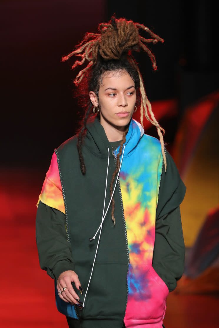 A model sports her natural dreadlocks on the Gypsy Sport runway. (Photo: Getty Images)