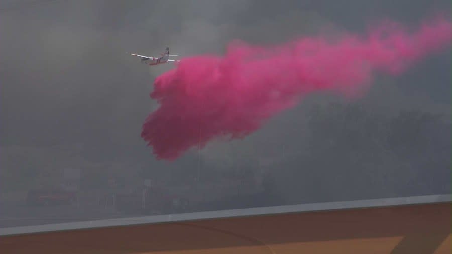 Airplanes work to contain the Post Fire in Gorman on June 14, 2024. (KTLA)