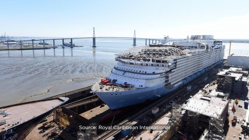 Royal Caribbean International shared photos on social media of Utopia of the Seas floating for the first time at the Chantiers de l’Atlantique shipyard in Saint-Nazaire, France.