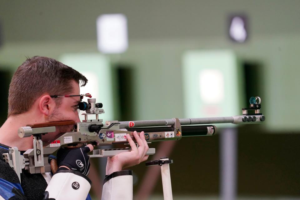 William Shaner competes in the men's 10-meter air rifle competition.