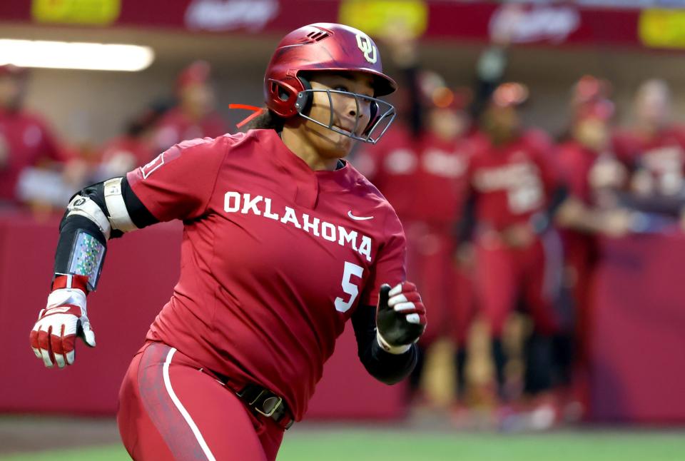 OU's Ella Parker rounds first after a home run against Texas A&M-Commerce on March 6 at Love's Field in Norman.